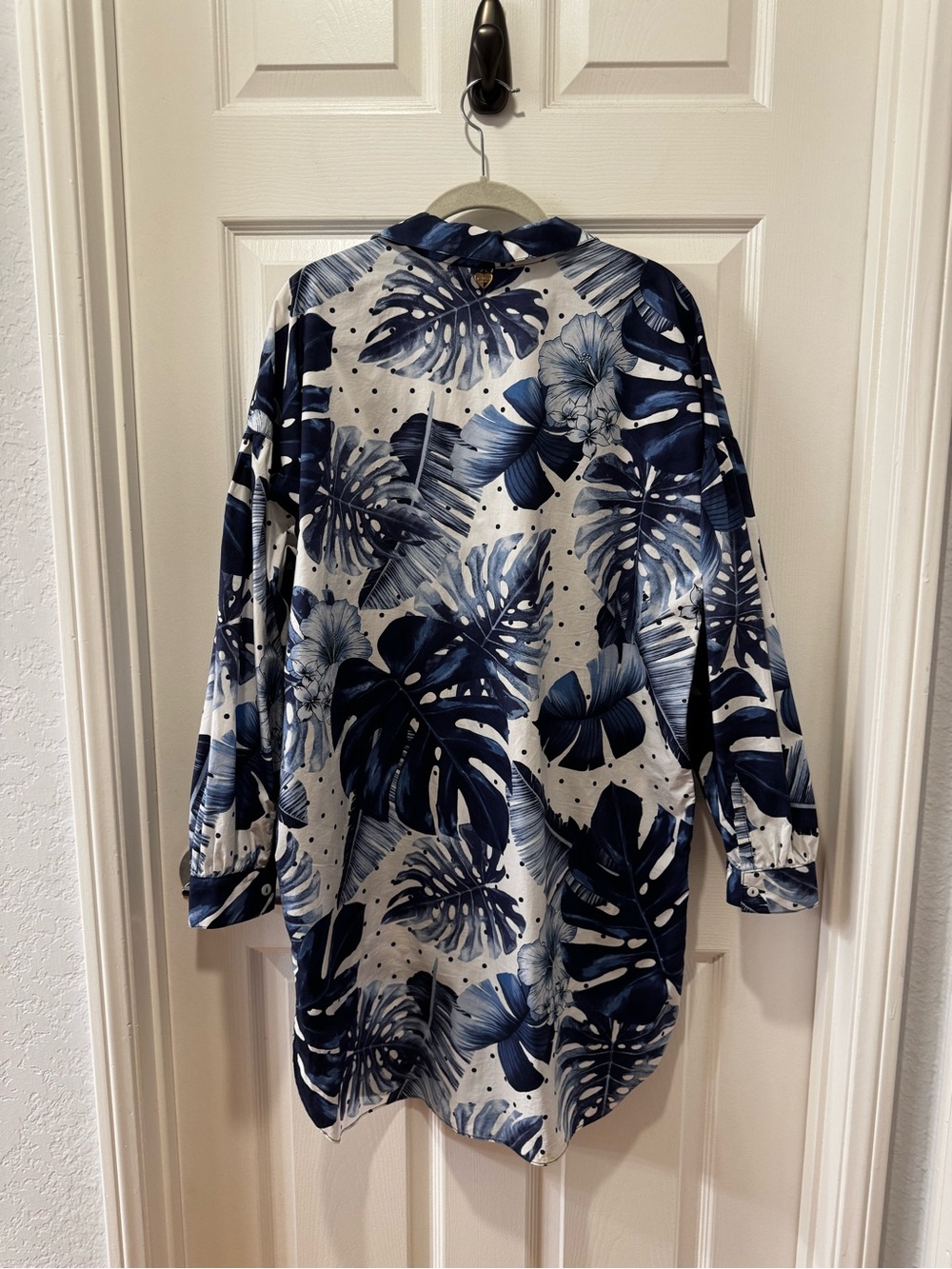 Twinset Milano Blue White Palm Leaf Print Poplin Shirt Mini Dress 46 - Picture 7 of 16